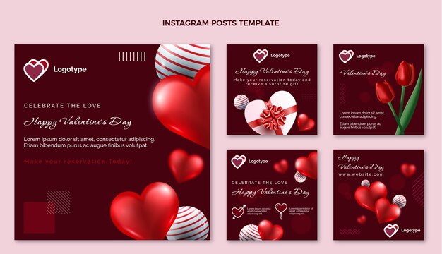 Realistische instagram-posts-sammlung zum valentinstag