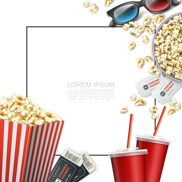 Realistische kinoelementvorlage mit rahmen für text 3d brille tickets soda tassen gestreifte papierbox und eimer popcorn