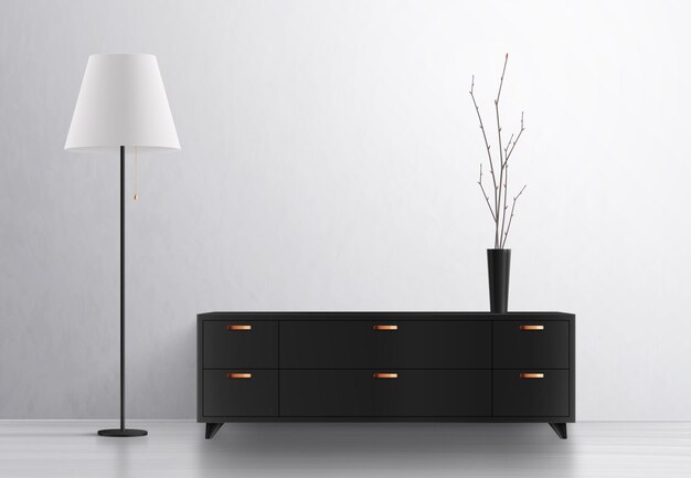 Realistische Komposition der Innenbeleuchtung der Hausbeleuchtung mit Designermöbeln und Vase mit Stehlampe und Schließfach