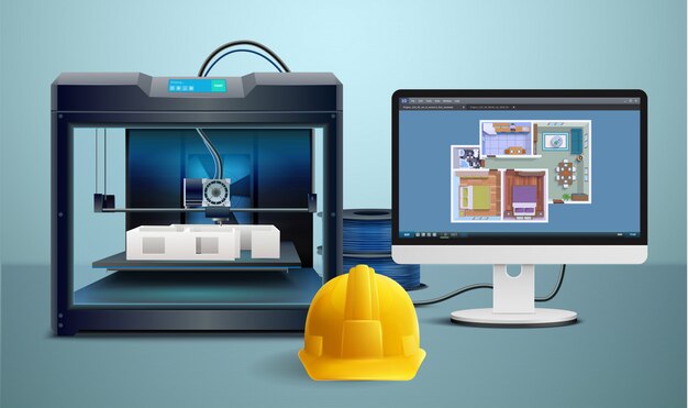 Realistische Komposition mit 3D-Druck des Hausmodells und gedruckter Helmvektorillustration