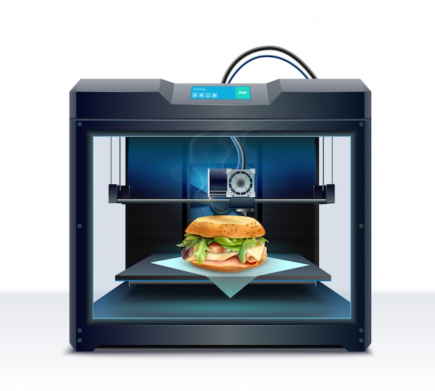 Realistische Komposition mit Prozess der Burger-3D-Druckvektorillustration