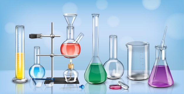 Realistische Laborzusammensetzung mit Vorderansicht des Glastisches mit Glasflaschen und Reagenzglasständern Vektorillustration