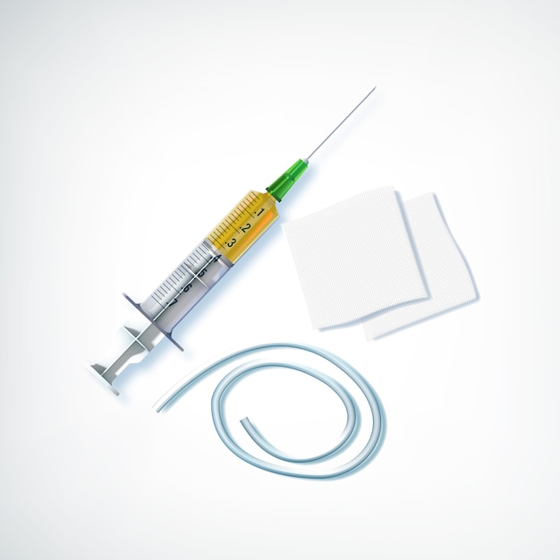 Realistische medizinische versorgung mit spritze vor impfservietten und tourniquet auf weiß isoliert Kostenlosen Vektoren