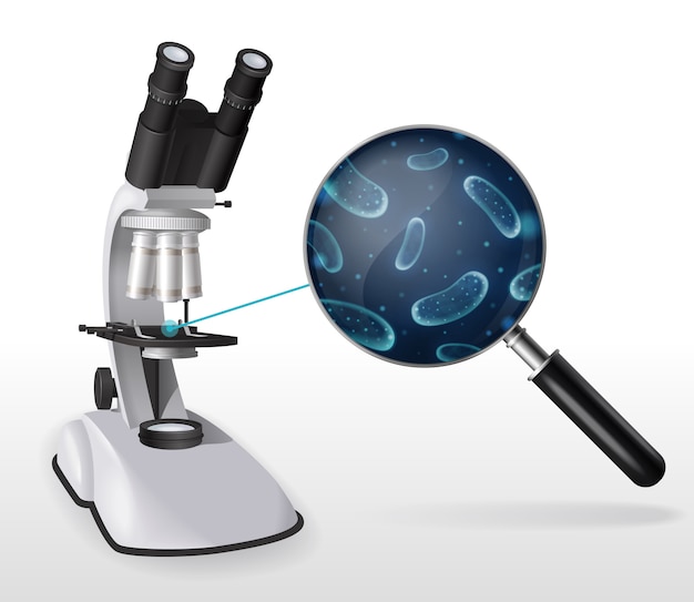 Realistische Mikroskopzusammensetzung mit Bildern einer Handlupenlinse mit Mikroben und Laborgerät-Fernglas