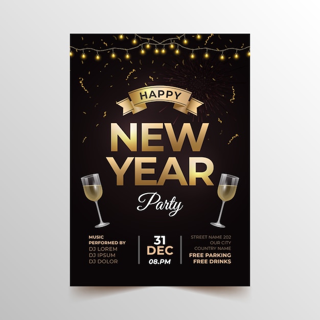 Realistische neujahrsparty-flyer-vorlage