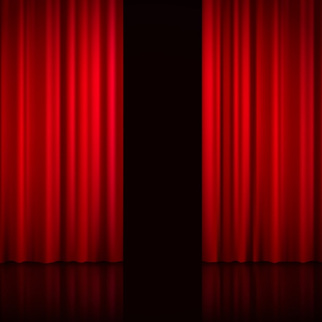 Realistische offene rote Vorhänge mit Schatten und schwarzem Loch anstelle der Szene hinter den Vorhangvektorillustration