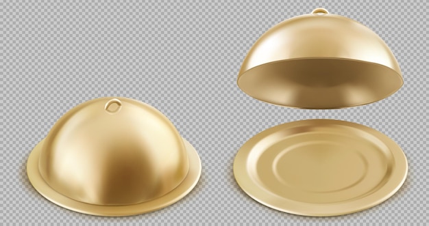 Realistische offene und geschlossene goldene cloche-lebensmittelschalen