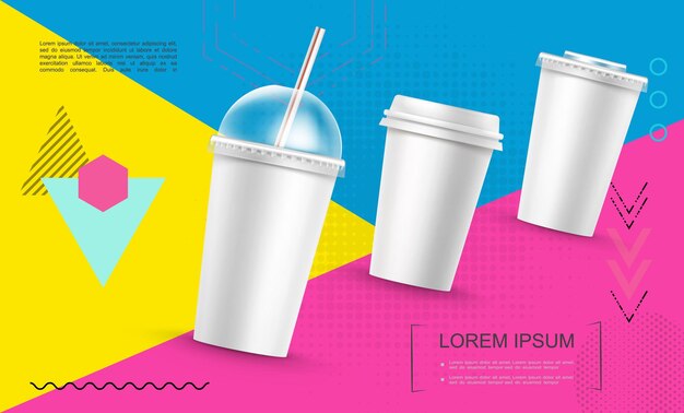 Realistische Papier-Fast-Food-Tassenschablone für Soda-Kaffeemilchshake auf trendiger bunter geometrischer Illustration