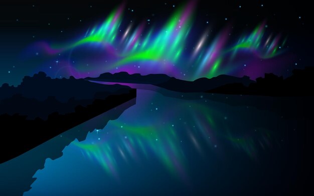 Realistische Polarlichter in der bunten Zusammensetzung des arktischen Nachtsternenhimmels abstrakte Vektorillustration
