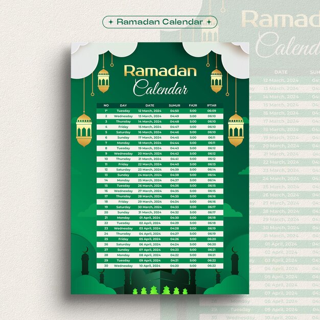 Realistische Ramadan-Zeitplan-Kalender-Flyer-Design-Vorlage