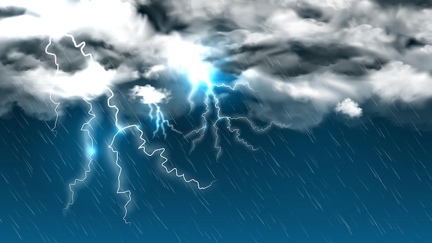 Kostenloser Vektor realistische regenwolken-himmelszusammensetzung mit blick auf starke regnerische wolken, regenschauer mit donner und blitz-vektorillustration