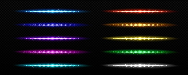 Kostenloser Vektor realistische reihe von regenbogen-led-streifen isoliert auf transparentem hintergrund. vektorillustration bunter lichtröhren, die in der dunkelheit leuchten. nachtclub-party-dekor. retro-futuristische designelemente