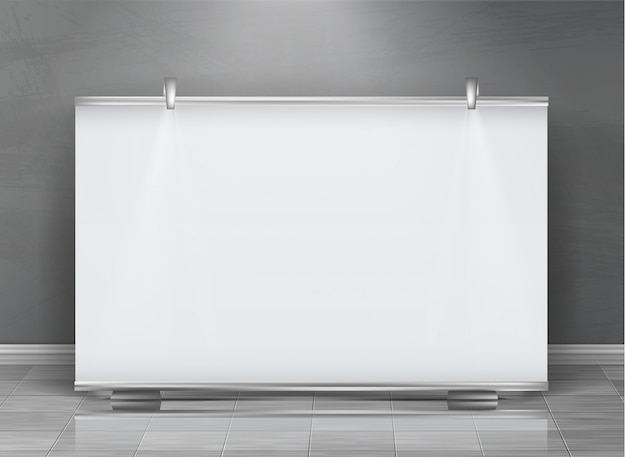 realistische Roll-up-Banner, horizontale Ständer, leere Plakatwand für die Ausstellung