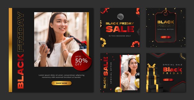 Realistische Sammlung von Instagram-Beiträgen für Black-Friday-Verkäufe