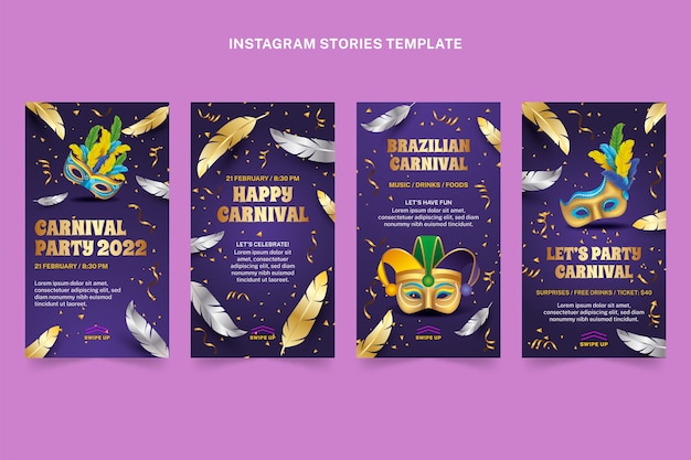 Kostenloser Vektor realistische sammlung von instagram-geschichten für den karneval