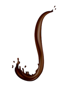 Realistische schokoladenspritzer. tropfen oder wirbelnder fluss von flüssigem kakao auf weißem hintergrund