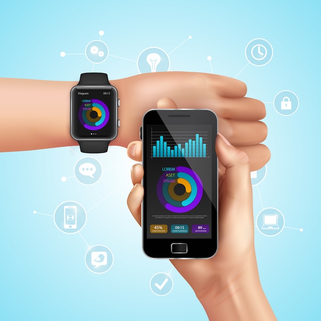 Realistische Smart-Watch- und Mobile-Technology-Komposition mit Synchronisation vom Smartphone zur Vektorillustration