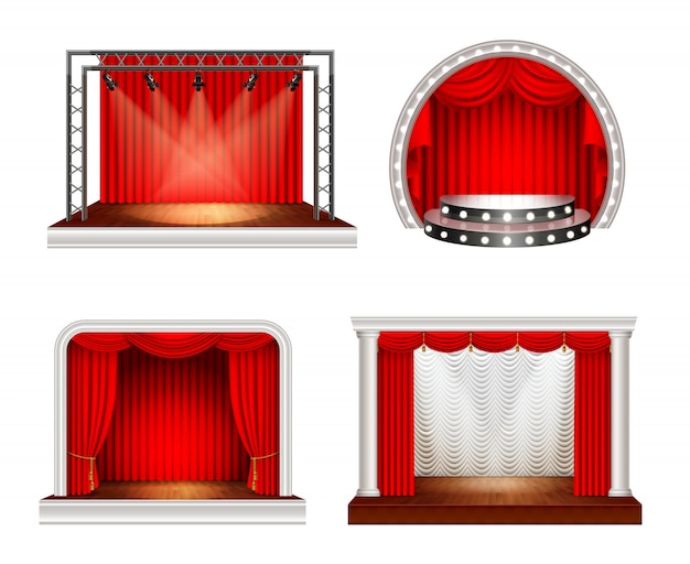 Kostenloser Vektor realistische stadien stellten mit vier bildern des leeren weltraumstadiums mit roten vorhängen und beleuchtungsausrüstungsvektorillustration ein