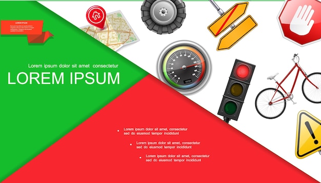 Kostenloser Vektor realistische straßen- und transportzusammensetzung mit ampelreifen-kartenstiftzeiger-tachoschildern fahrradwarnzeichenillustration