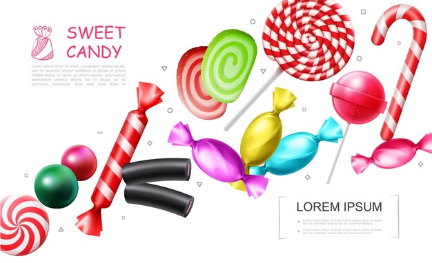 Realistische süße Bonbonsammlung mit Lutscherbonbons Zuckerstangenmarmeladengelee-Kaugummi-Illustration