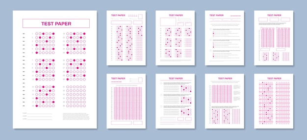 Realistische testpapier-antworten mit rot gefärbten blättern gelöster prüfungstests mit korrekter notenvektorillustration