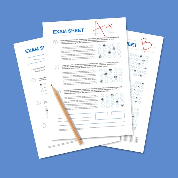 Realistische testpapierzusammensetzung mit bleistift und stapel papierkram der schüler mit noten und richtigen antworten