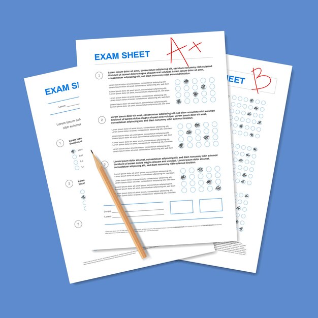 Realistische Testpapierzusammensetzung mit Bleistift und Stapel Papierkram der Schüler mit Noten und richtigen Antworten