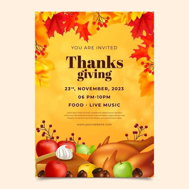Realistische Thanksgiving-Einladungsvorlage mit Blättern