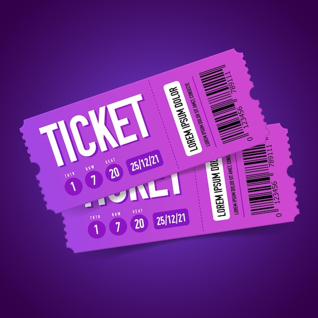 Realistische Ticketkomposition in Neon- und Papiercoupons mit bearbeitbarem Text und gedrucktem Barcode