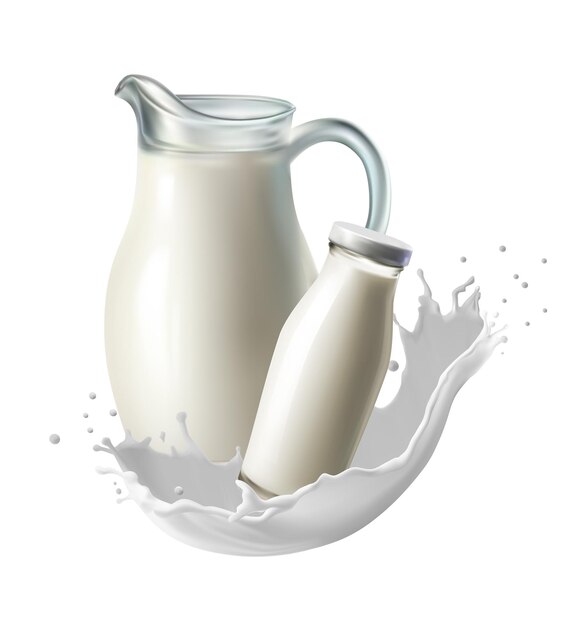 realistische Vektor-Ikonen-Illustration Milchfarm Frische Milch mit Milchkrug und Flasche Isola