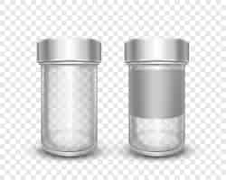 Kostenloser Vektor realistische vektorgrafik von leeren gläsern mit metallkappen auf transparentem hintergrund. saubere dose mit silbernem deckel. verpackung für zucker, salz, pfeffer, gewürze und lose produkte für die küche.
