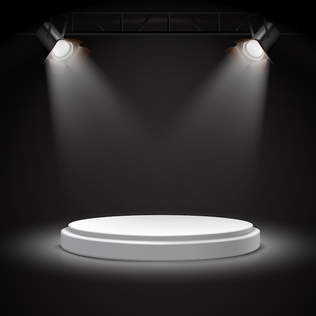 realistische Vektorscheinwerfer auf rundem weißem Podium in der Dunkelheit.