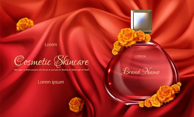 Realistische vektorwerbungsfahne des parfüms 3d der frauen oder kosmetisches promoplakat. Kostenlosen Vektoren