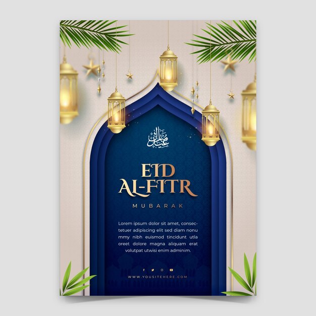 Realistische vertikale plakatvorlage für die islamische eid al-fitr-feier
