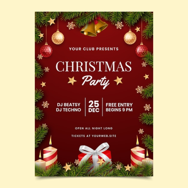 Realistische vertikale Plakatvorlage für die Weihnachtsfeier mit Geschenken und Ornamenten