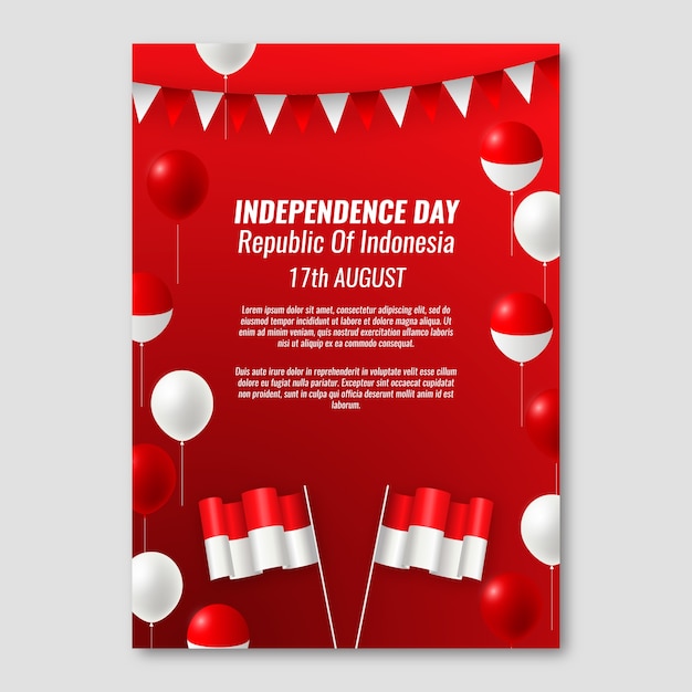 Kostenloser Vektor realistische vertikale plakatvorlage zum unabhängigkeitstag indonesiens mit luftballons und flaggen