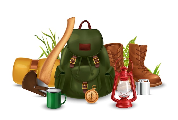 Kostenloser Vektor realistische vintage-camping-komposition mit rucksack-rollmatte, kompass und lederschuhen, die auf grasvektorillustration stehen