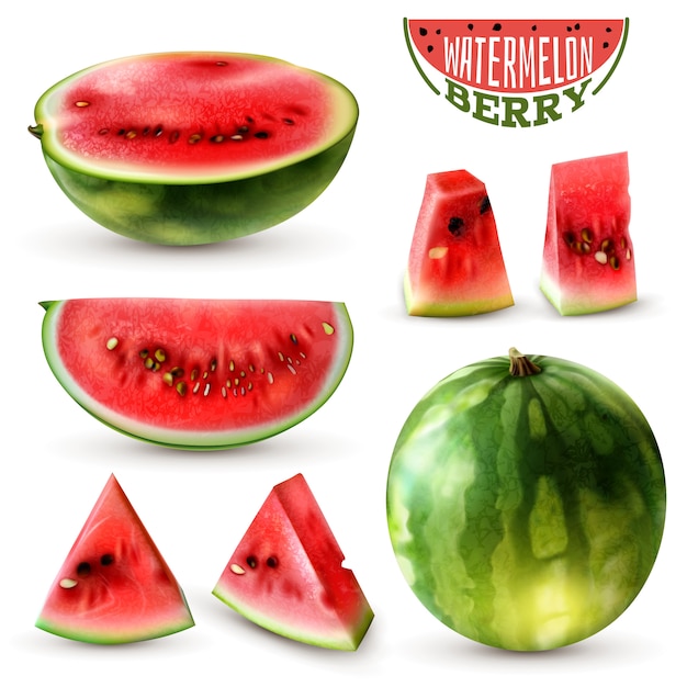 Realistische Wassermelonenbilder, die mit ganzen Beerenhalbkeilscheiben und mundgerechten Stücken lokalisierte Vektorillustration eingestellt werden