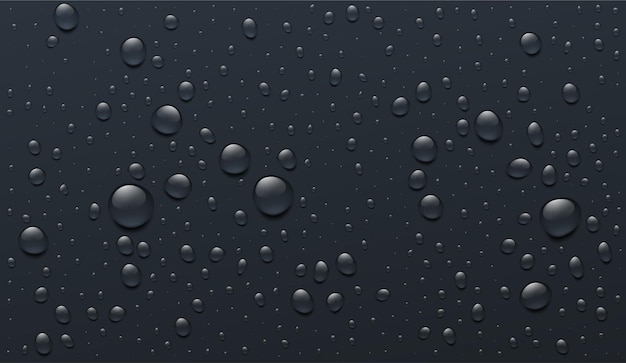 Realistische Wassertropfen auf schwarzem Hintergrund, echter transparenter Effekt. Vektorillustration EPS10