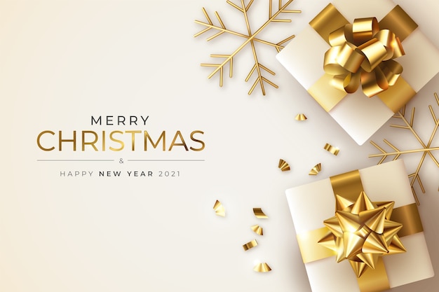Realistische Weihnachts- und Neujahrsgrußkarte mit Geschenken und Schneeflocken