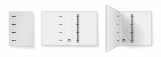 Kostenloser Vektor realistische weiße büromappe mit metallringen für a4-blatt in 3 positionen isolierte vektorillustration