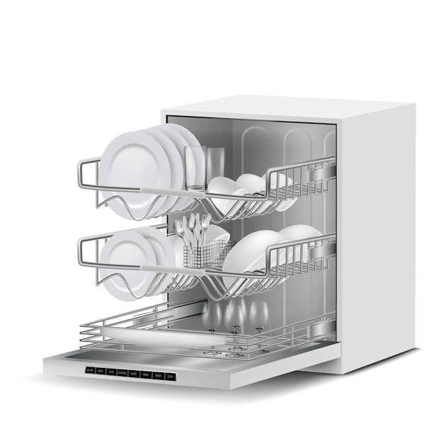 Realistische weiße spülmaschine 3d maschine mit drei metallgestellen, gefüllt mit sauberen platten, glas