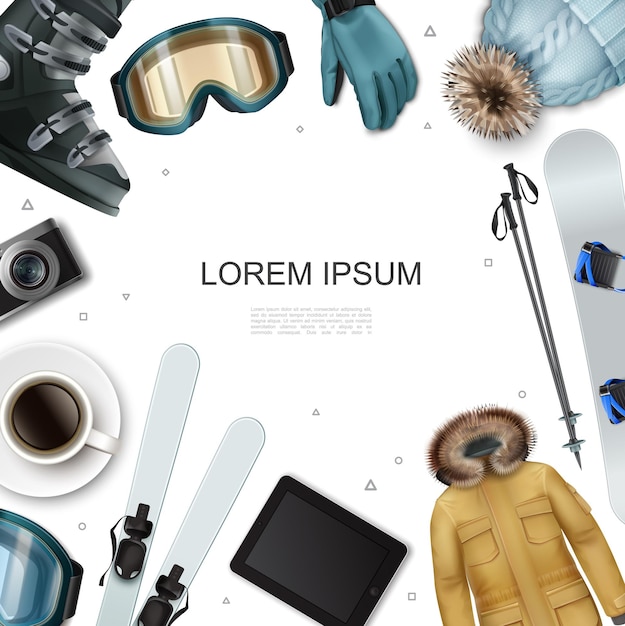 Kostenloser Vektor realistische wintererholungsvorlage mit jackenhut tablet kaffeetasse kamera skisticks snowboardbrille