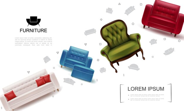 Realistische Wohnmöbelobjektschablone mit Sesseln weiches Tabourets-Ledersofa mit Kissen