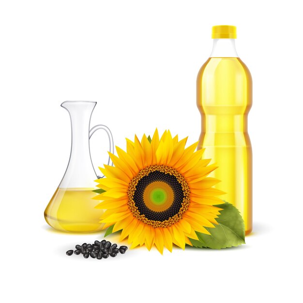 Realistische Zusammensetzung der Sonnenblume auf weißem Hintergrund mit gelbem Blumenkrug und Flasche mit Vektorillustration des raffinierten Öls