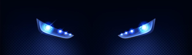 Realistischer blauer led-autolicht-flare-vektoreffekt blendung der frontscheinwerfer leuchtet im dunkeln autolampe moderne blinkende transparente technologieillustration isolierter neon-fahrzeugstrahl in der nacht