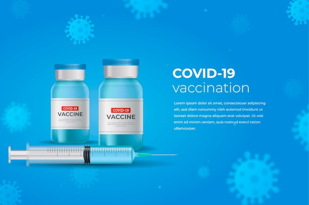 Realistischer coronavirus-impfstoffhintergrund mit flaschen und spritze