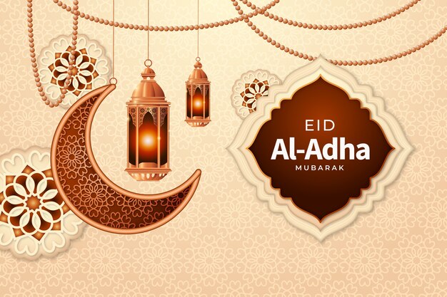 Realistischer eid al-adha-hintergrund mit laternen und halbmond