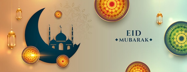 Realistischer eid mubarak wünscht banner mit arabischer dekoration