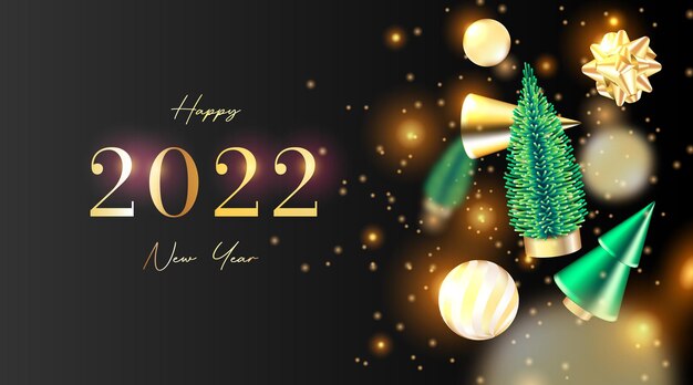 Realistischer glücklicher Neujahrshintergrund 2022 mit Antigravitations-3D-Ornamenten